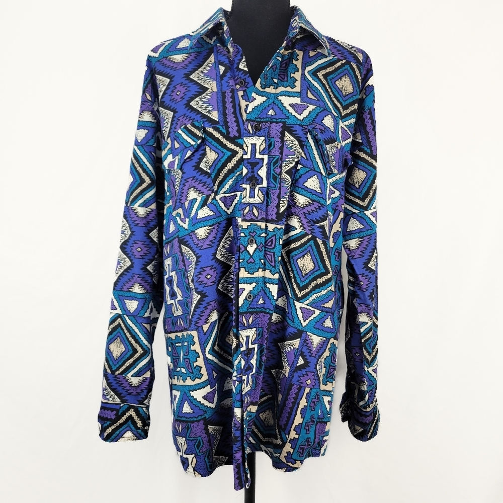Vtg KARMAN Vibrant Purple Blue Tribal Aztec Button Down Shirt